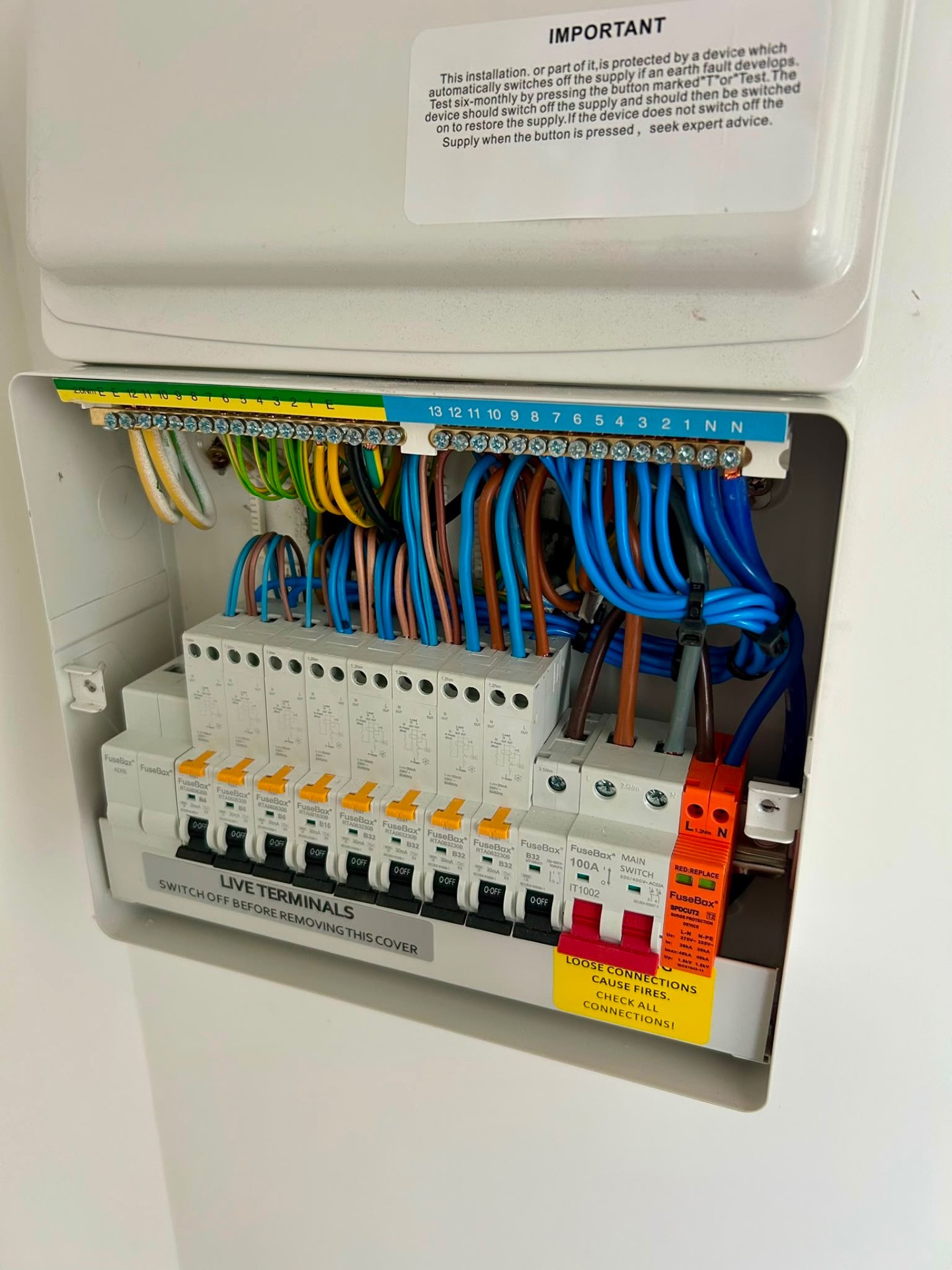 Neatly installed consumer unit with labelled circuits and RCBO protection